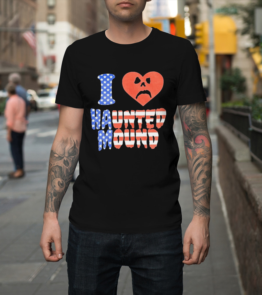 I Heart Haunted Mound USA American Flag Skull T-Shirt