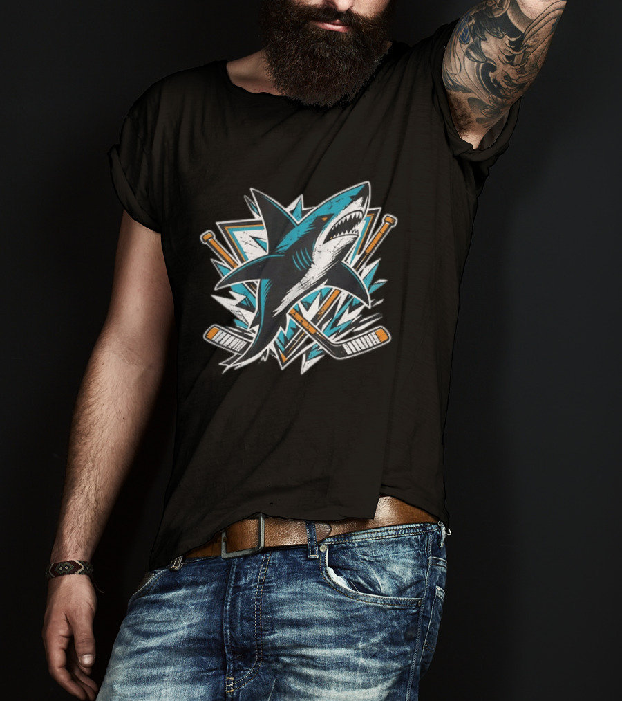 San Jose Sharks Hockey Attack Emblem With Shark And Crossed Hockey Sticks T-Shirt