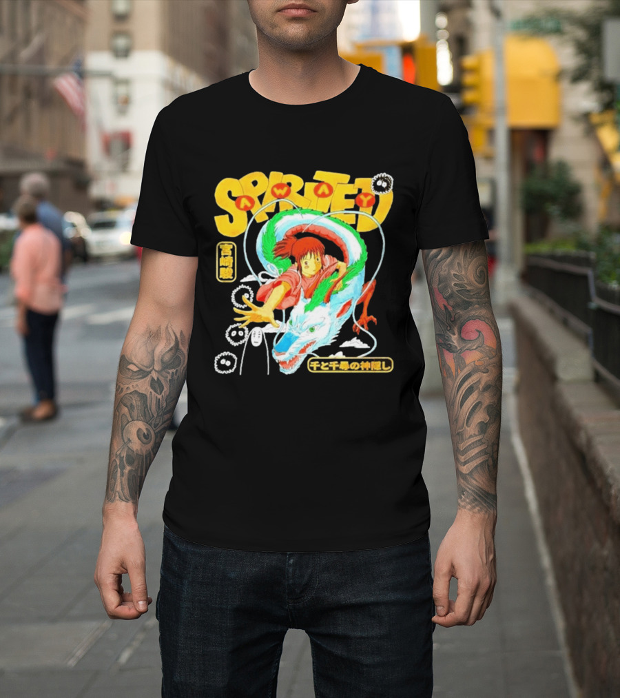 Spirited Away Chihiro Riding Haku Dragon Japanese Text No Face Soot Sprites T-Shirt