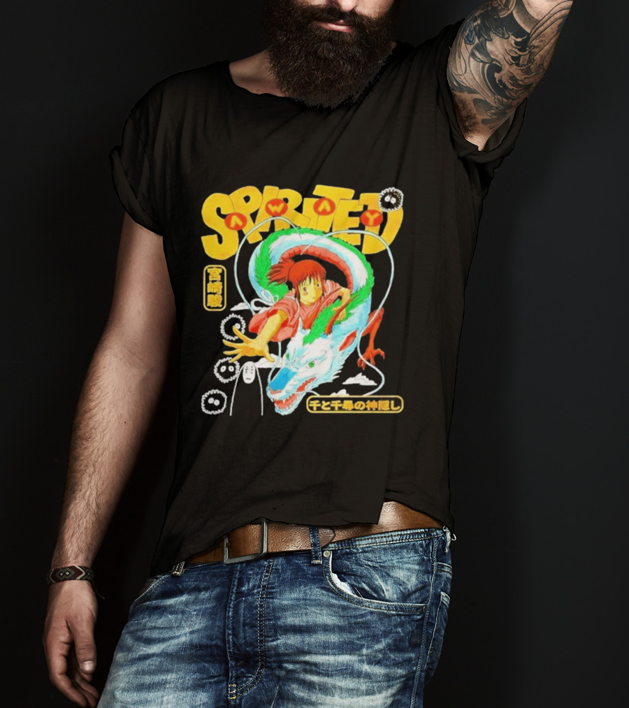 Spirited Away Chihiro Riding Haku Dragon Japanese Text No Face Soot Sprites T-Shirt