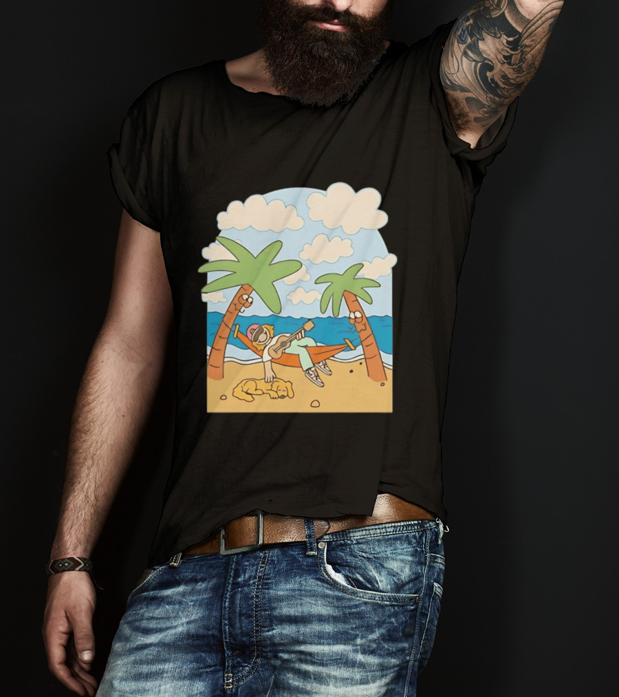 Hammock Guitar Player With Sleeping Dog On Tropical Beach Scene T-Shirt