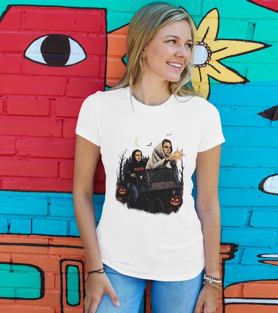 Caitlin Clark Stranger Things Indiana Halloween Bicycle Moon Pumpkin Glow Finger T-Shirt