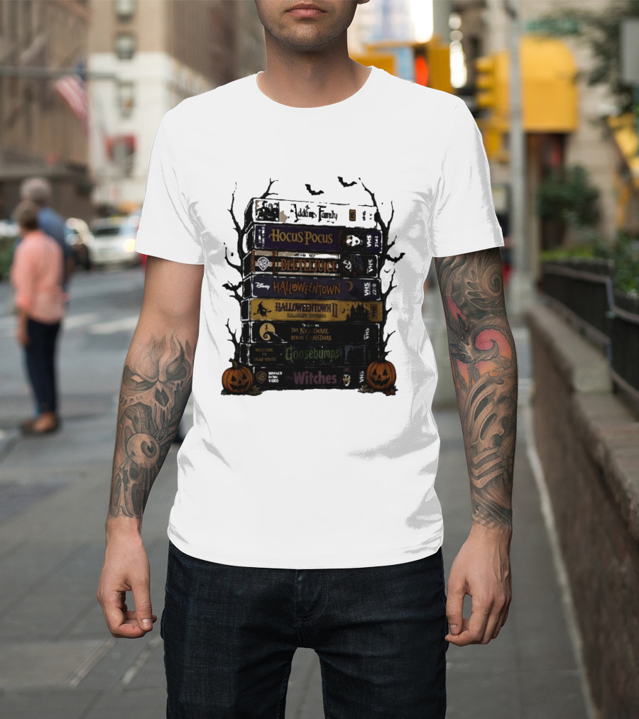 The Addams Family Hocus Pocus Beetlejuice Halloweentown Halloween II The Nightmare Before Christmas Goosebumps The Witches VHS Stack T-Shirt