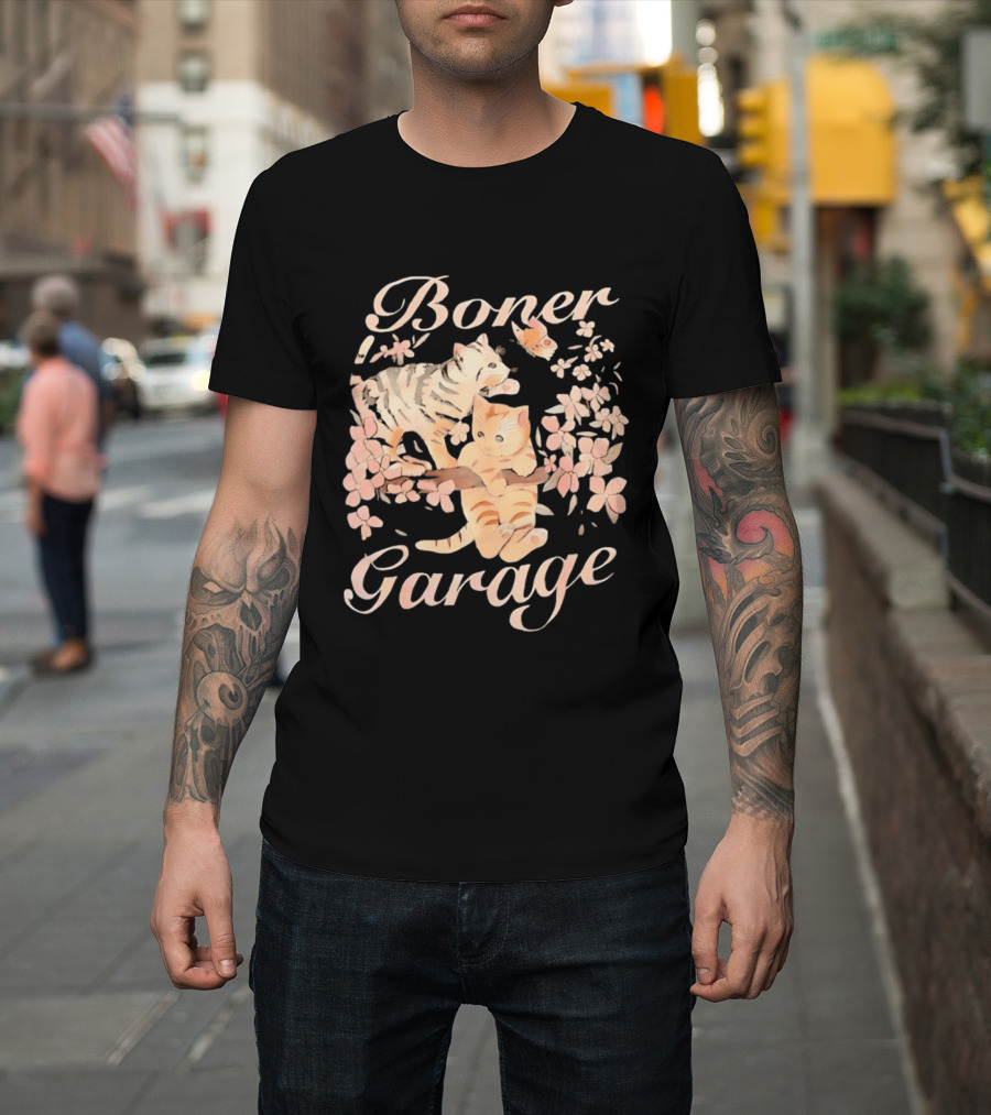 Boner Garage Cats Cherry Blossoms And Butterfly T-Shirt