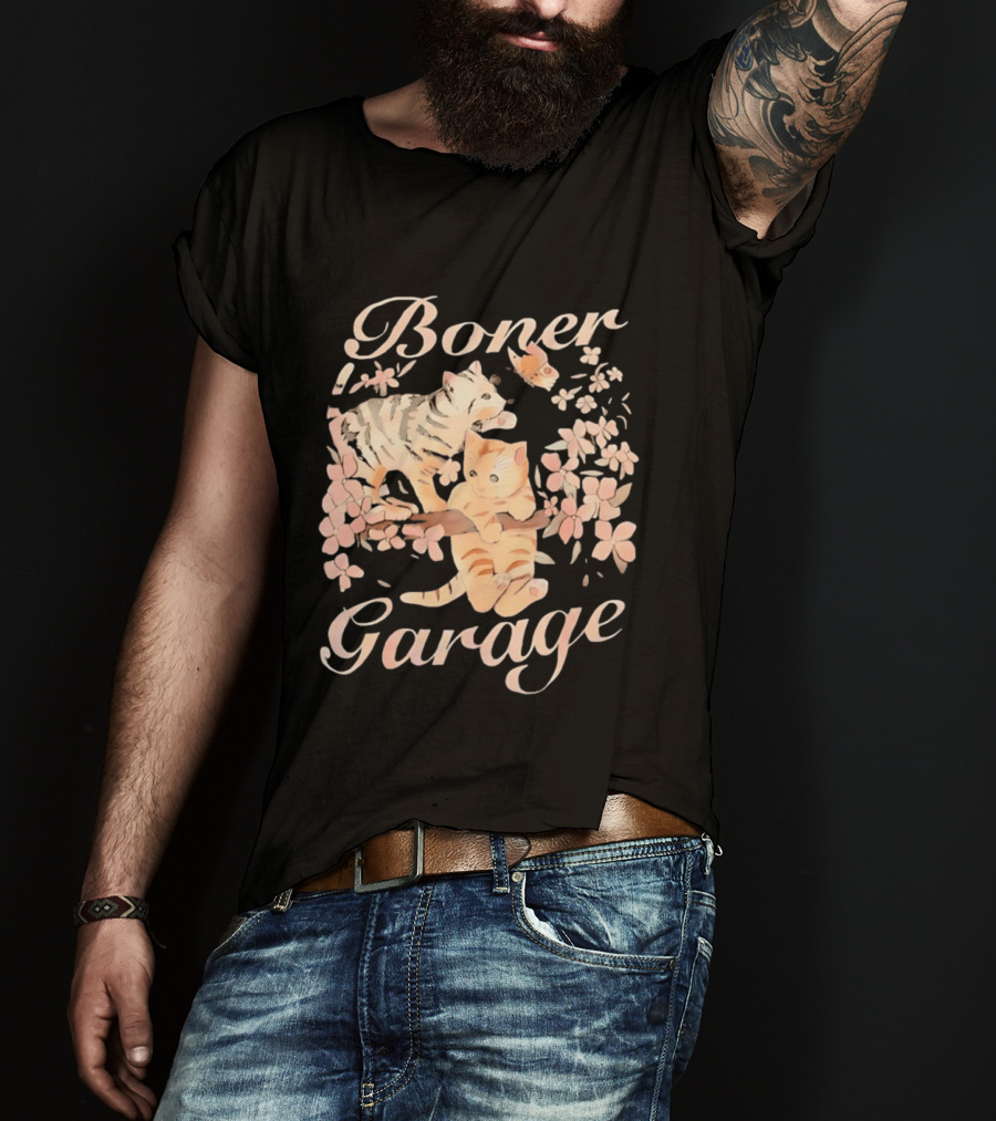 Boner Garage Cats Cherry Blossoms And Butterfly T-Shirt