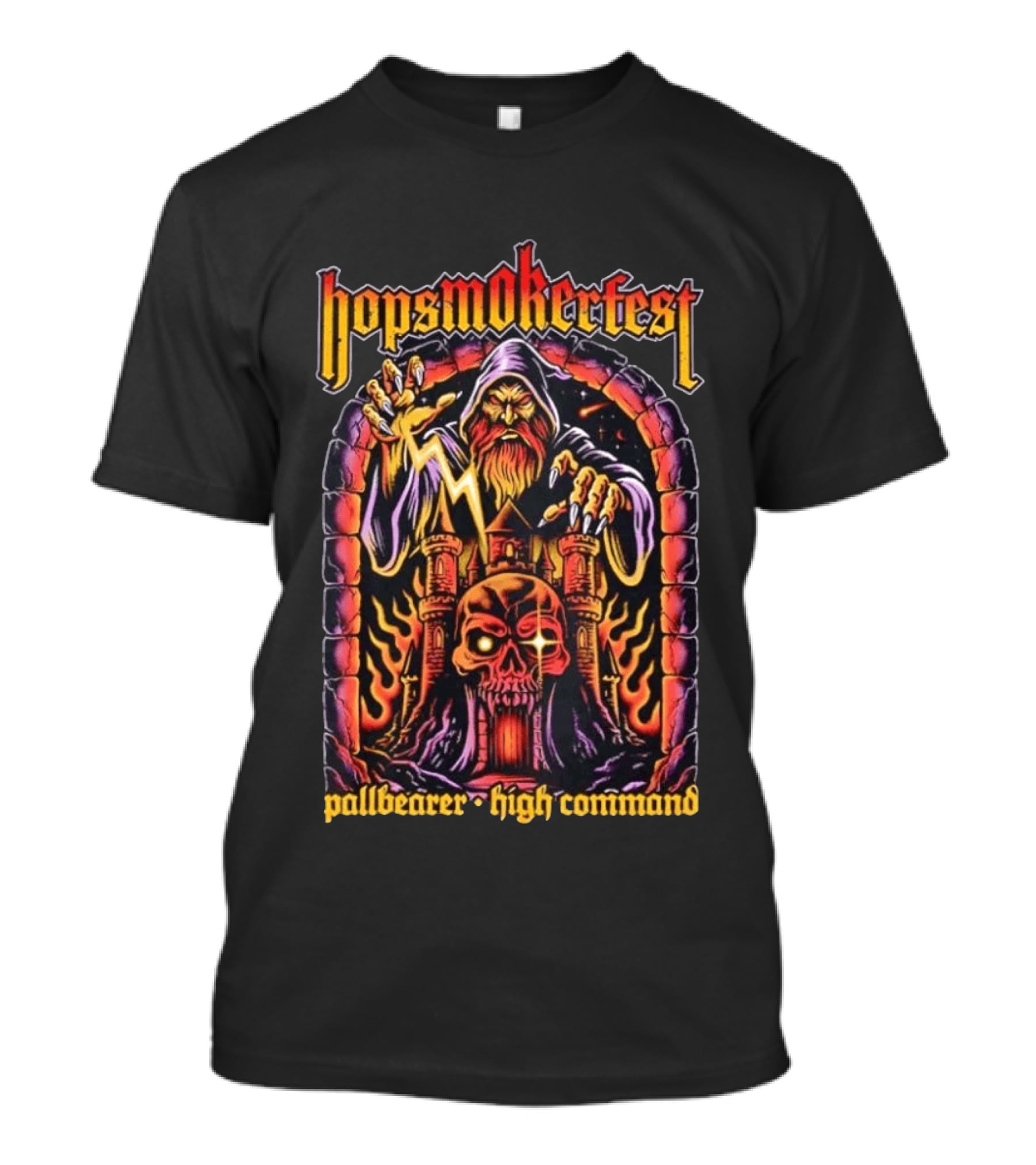 Hopsmokerfest Pallbearer High Command Wizard Lightning Bolt Skull Castle T-Shirt
