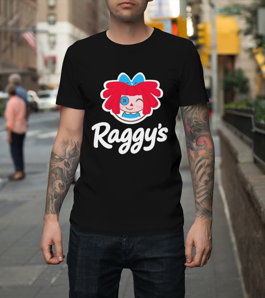 Raggy's Raggedy Ann Cartoon Character Red Hair Blue Bow T-Shirt