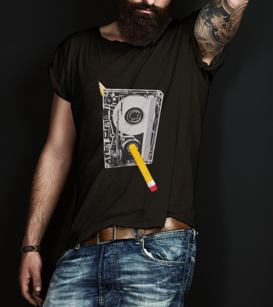 Rewind The Past Cassette Tape Pencil T-Shirt