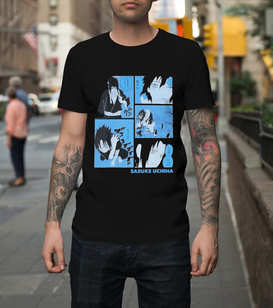 Sasuke Uchiha Cursed Seal Battle Manga Panels Blue Version T-Shirt