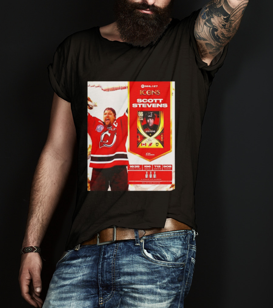NHL 27 Icons Scott Stevens New Jersey Devils Hall Of Fame Legend T-Shirt