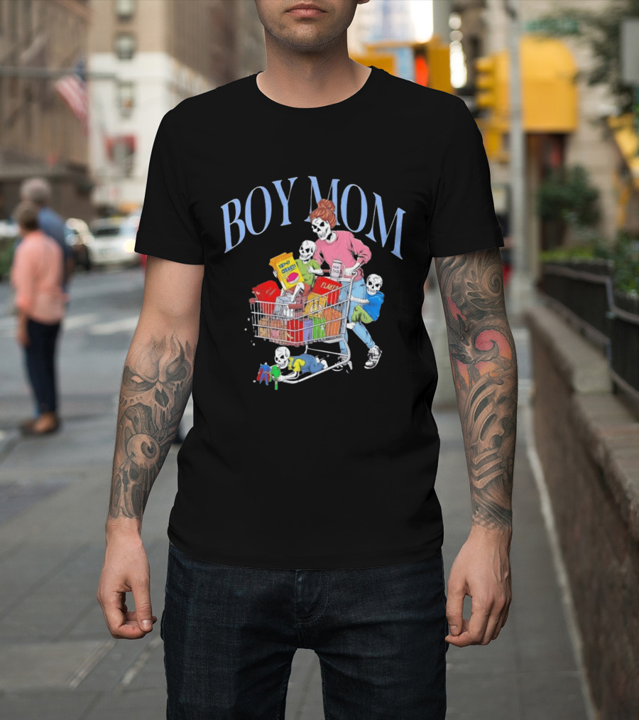 Boy Mom Skeleton With Kids Pushing Shopping Cart Eating Cereal T-Shirt