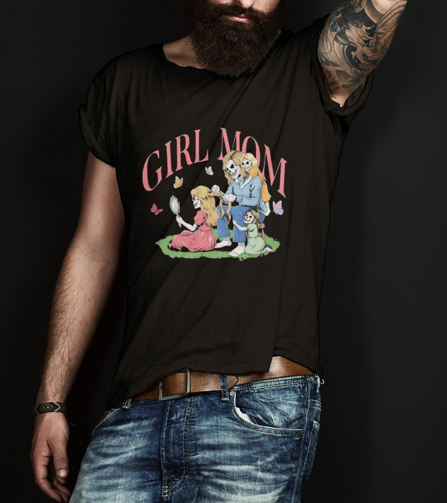 Girl Mom Skeleton Mother Braiding Hair With Daughters And Butterflies T-Shirt