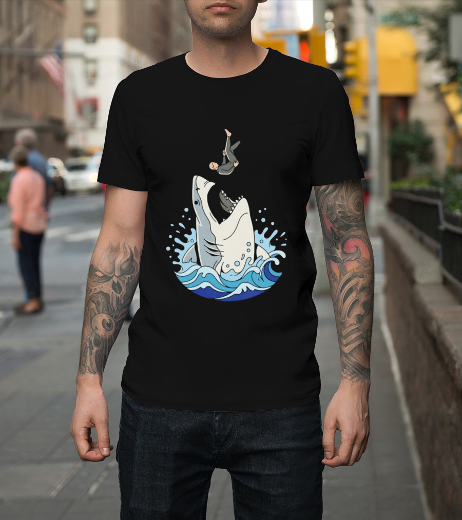 Great White Shark Surfer Falling Water Splash Scene T-Shirt
