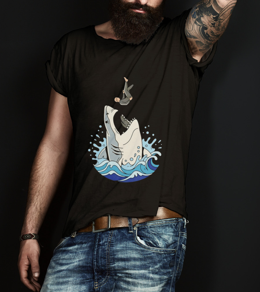 Great White Shark Surfer Falling Water Splash Scene T-Shirt