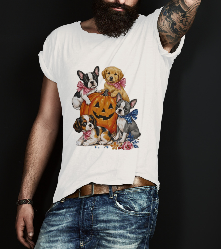 Puppies With Pink And Blue Bows Jack O' Lantern Pumpkin Halloween T-Shirt