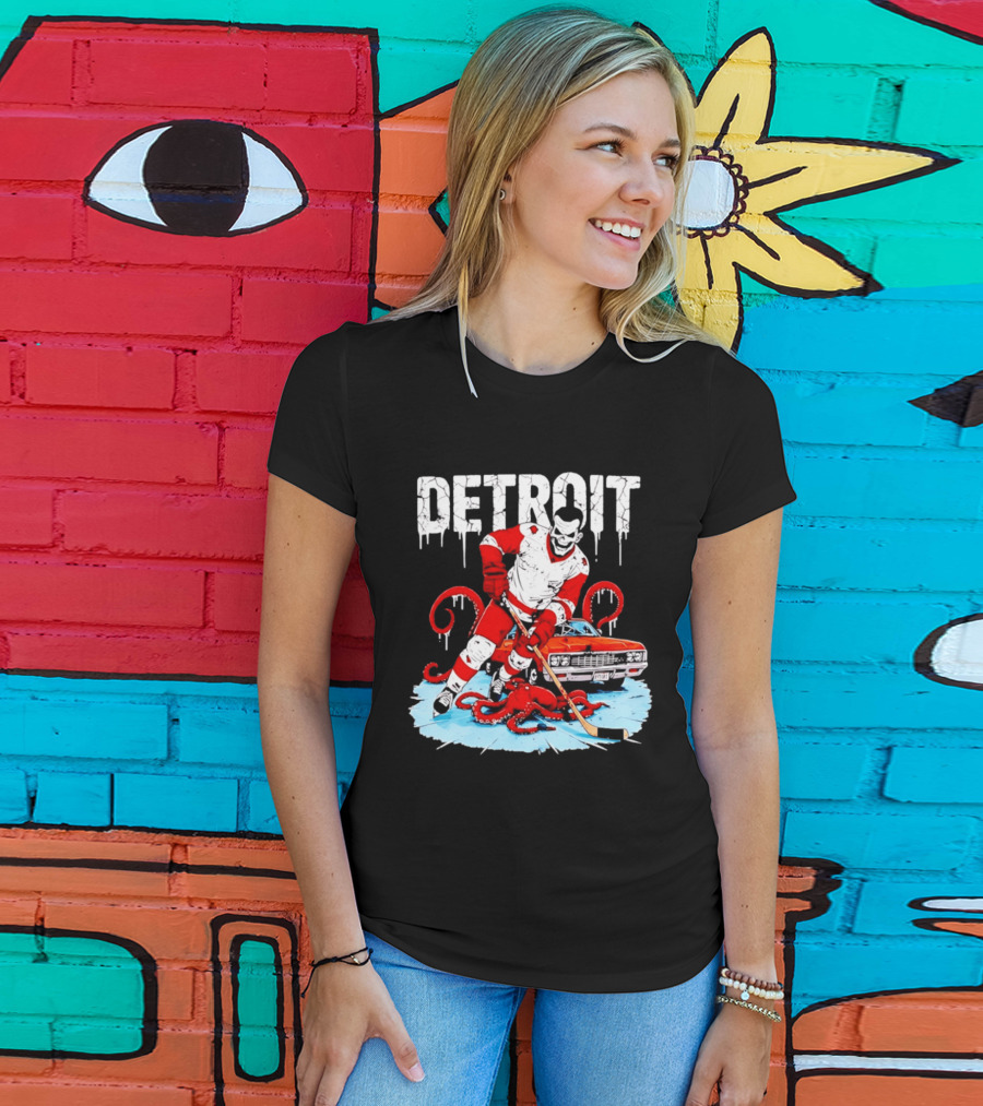 Detroit Hockey Skeleton Octopus Muscle Car T-Shirt