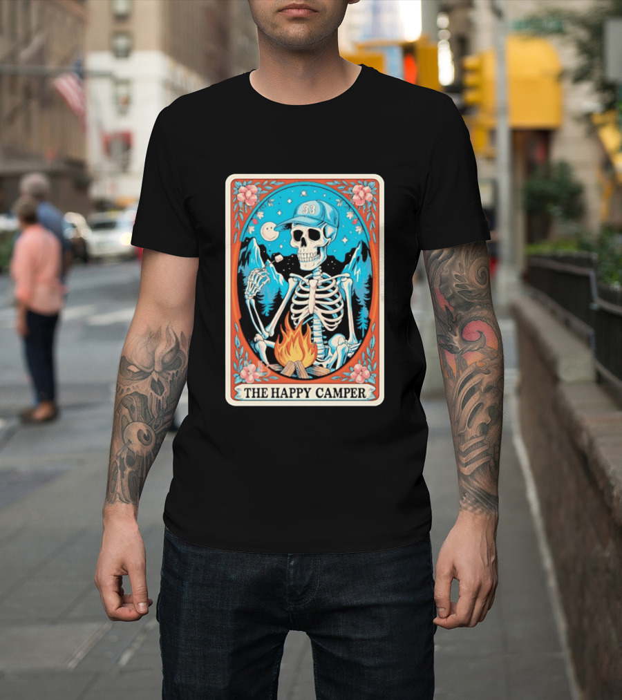 The Happy Camper Skeleton 33 Marshmallow Campfire Scene T-Shirt