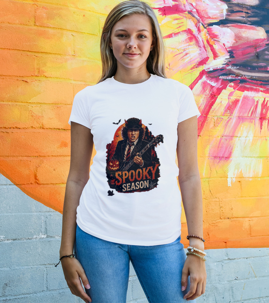 Spooky Season Angus Young Halloween AC DC Inspired Pumpkin Guitar T-Shirt