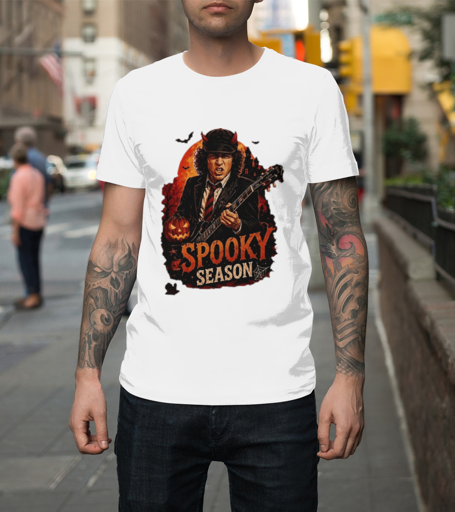 Spooky Season Angus Young Halloween AC DC Inspired Pumpkin Guitar T-Shirt
