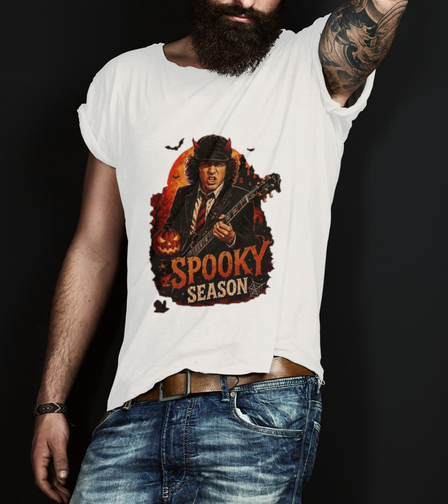 Spooky Season Angus Young Halloween AC DC Inspired Pumpkin Guitar T-Shirt