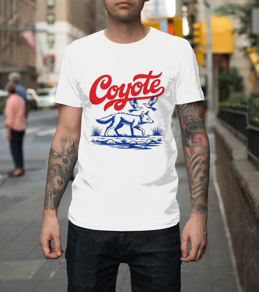 Coyote With Birds In Desert Scene Wild Western Desert T-Shirt