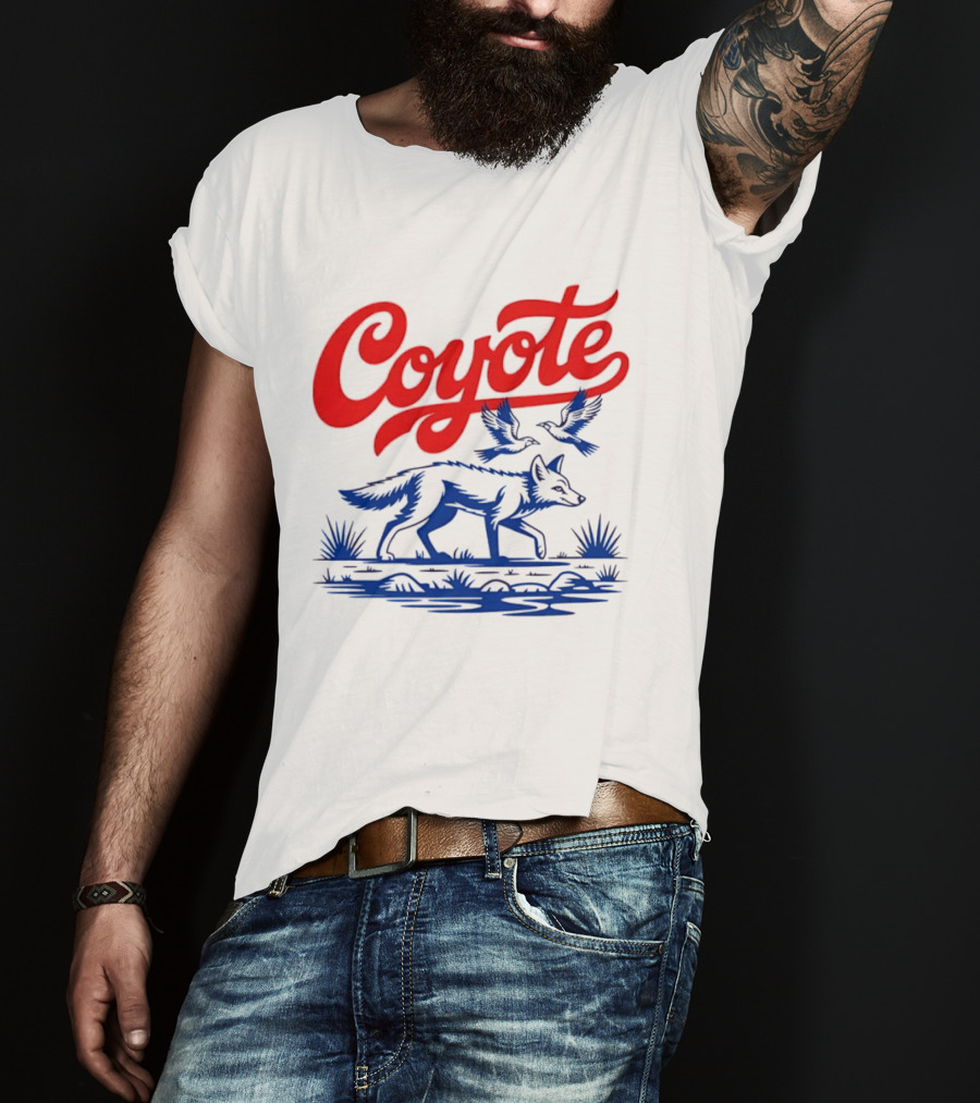 Coyote With Birds In Desert Scene Wild Western Desert T-Shirt