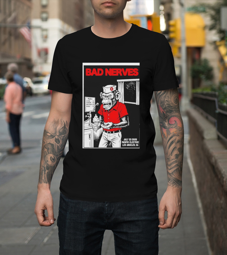 Bad Nerves July 23 2026 Pacific Electric Los Angeles Monkey Ice Cream Server Comic T-Shirt