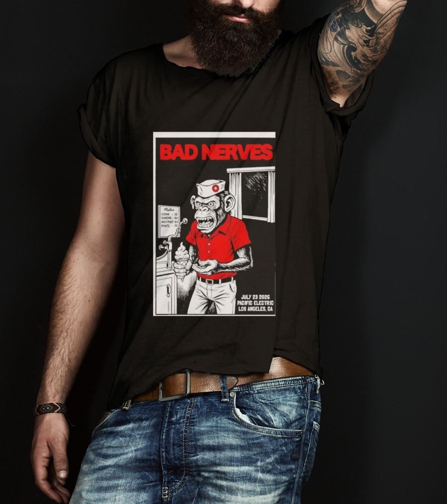 Bad Nerves July 23 2026 Pacific Electric Los Angeles Monkey Ice Cream Server Comic T-Shirt
