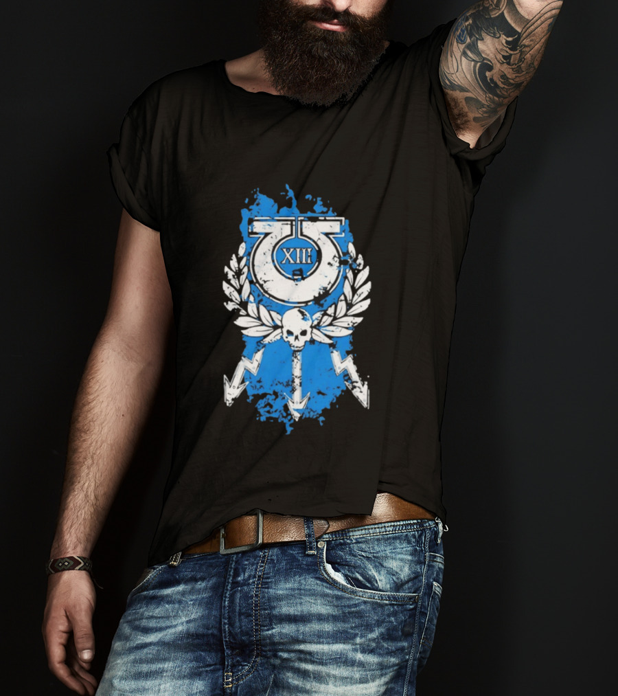 XIII Ultramarines Distressed Warhammer 40k Skull Lightning Laurel T-Shirt