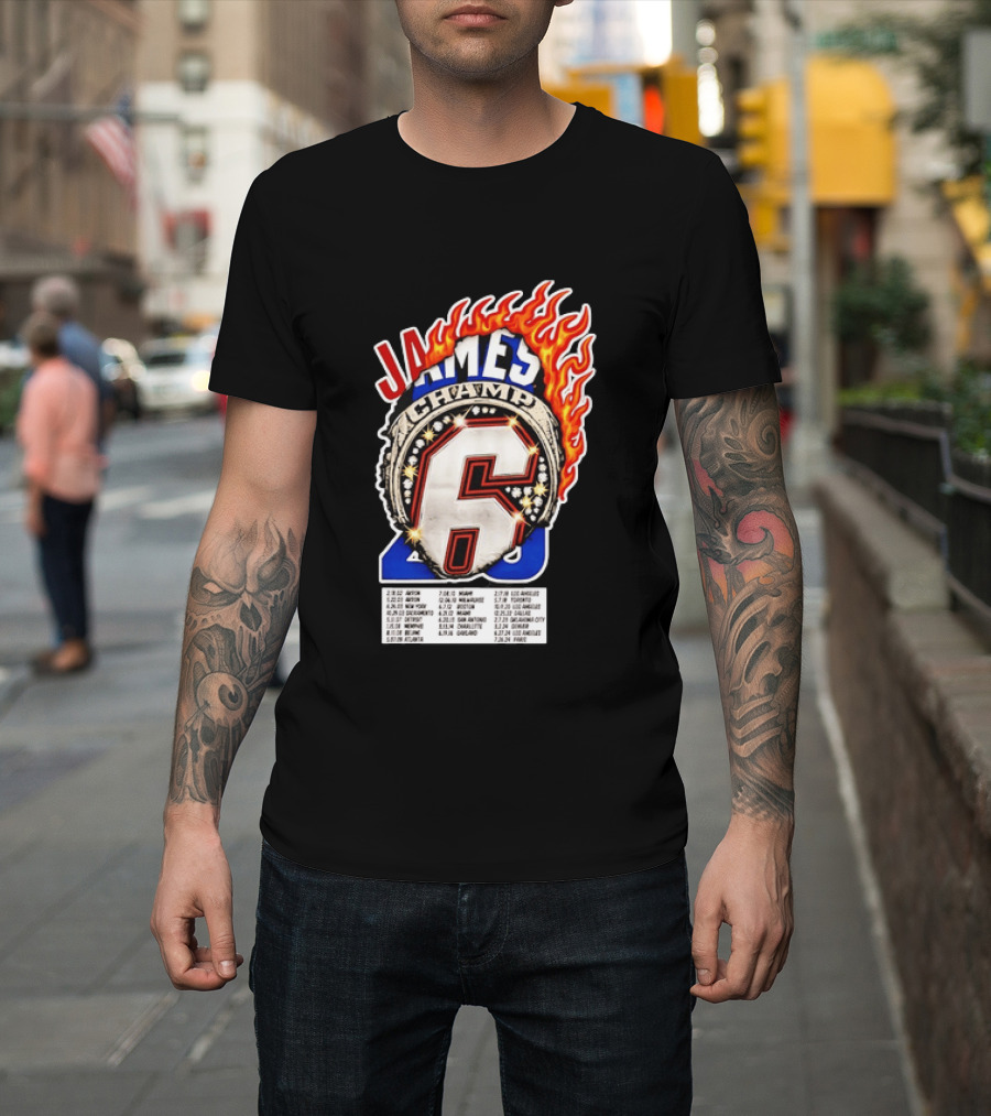 LeBron James Champ 6 Milestone Dates Cleveland Miami Los Angeles 2012 2013 2016 2020 T-Shirt