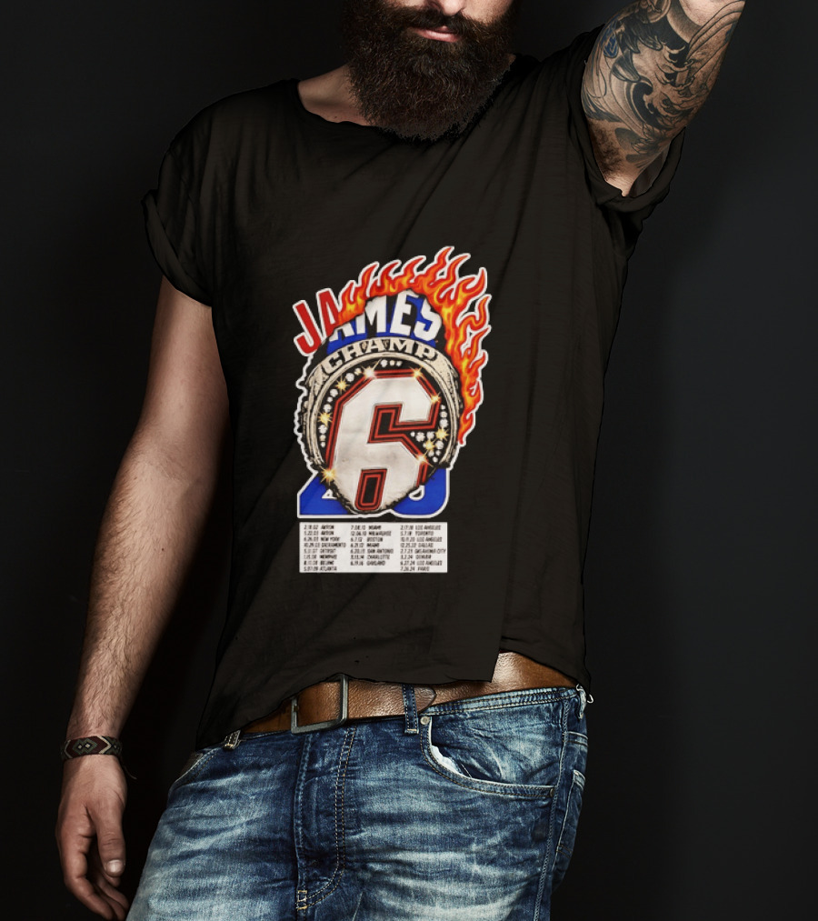 LeBron James Champ 6 Milestone Dates Cleveland Miami Los Angeles 2012 2013 2016 2020 T-Shirt