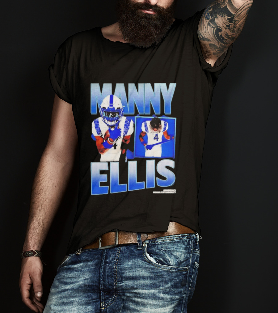 Manny Ellis Indiana State Running Back Football Jersey Number 4 Blue And White T-Shirt