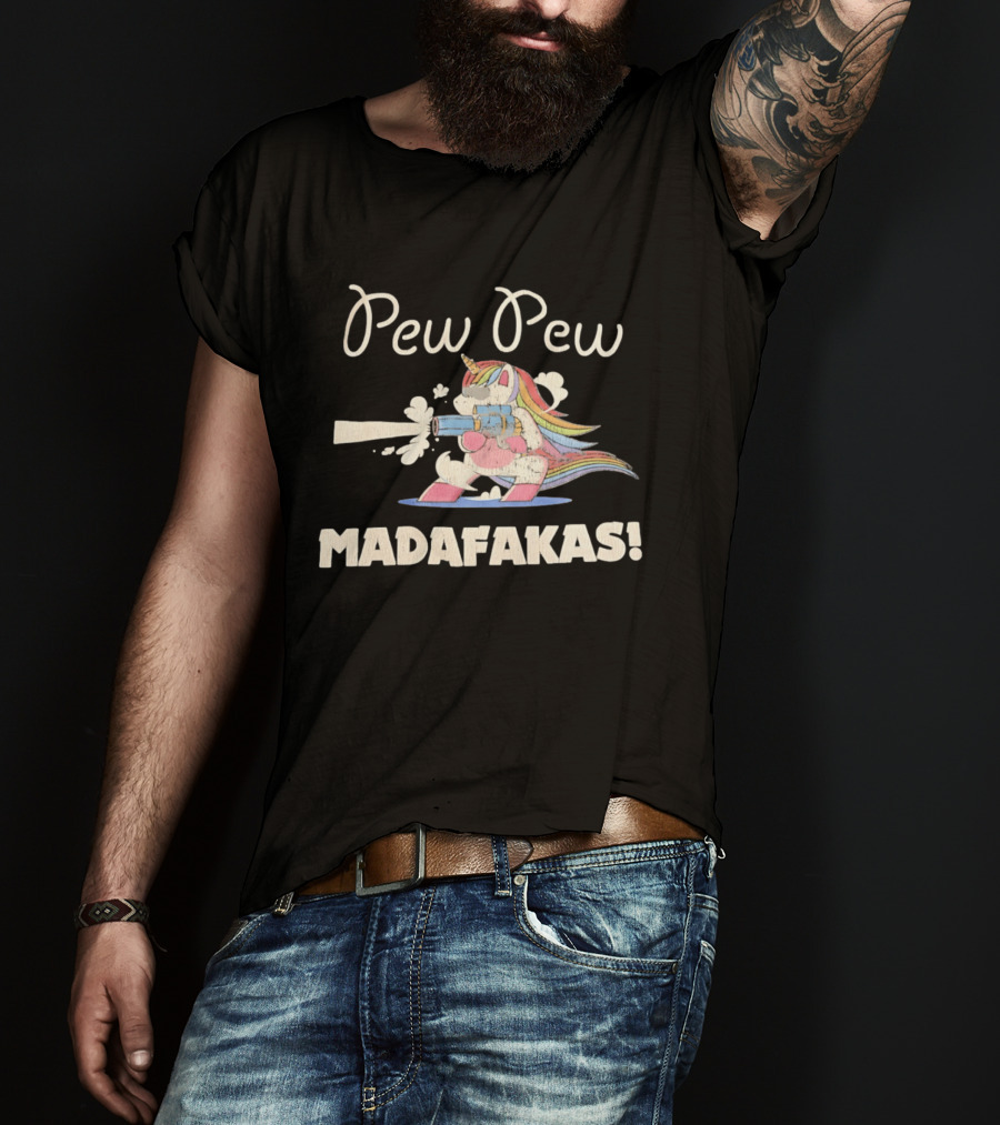 Pew Pew Madafakas Distressed Unicorn Funny Meme T-Shirt