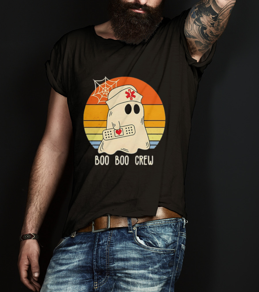 Boo Boo Crew Ghost Nurse Halloween Bandage Heart Spiderweb T-Shirt