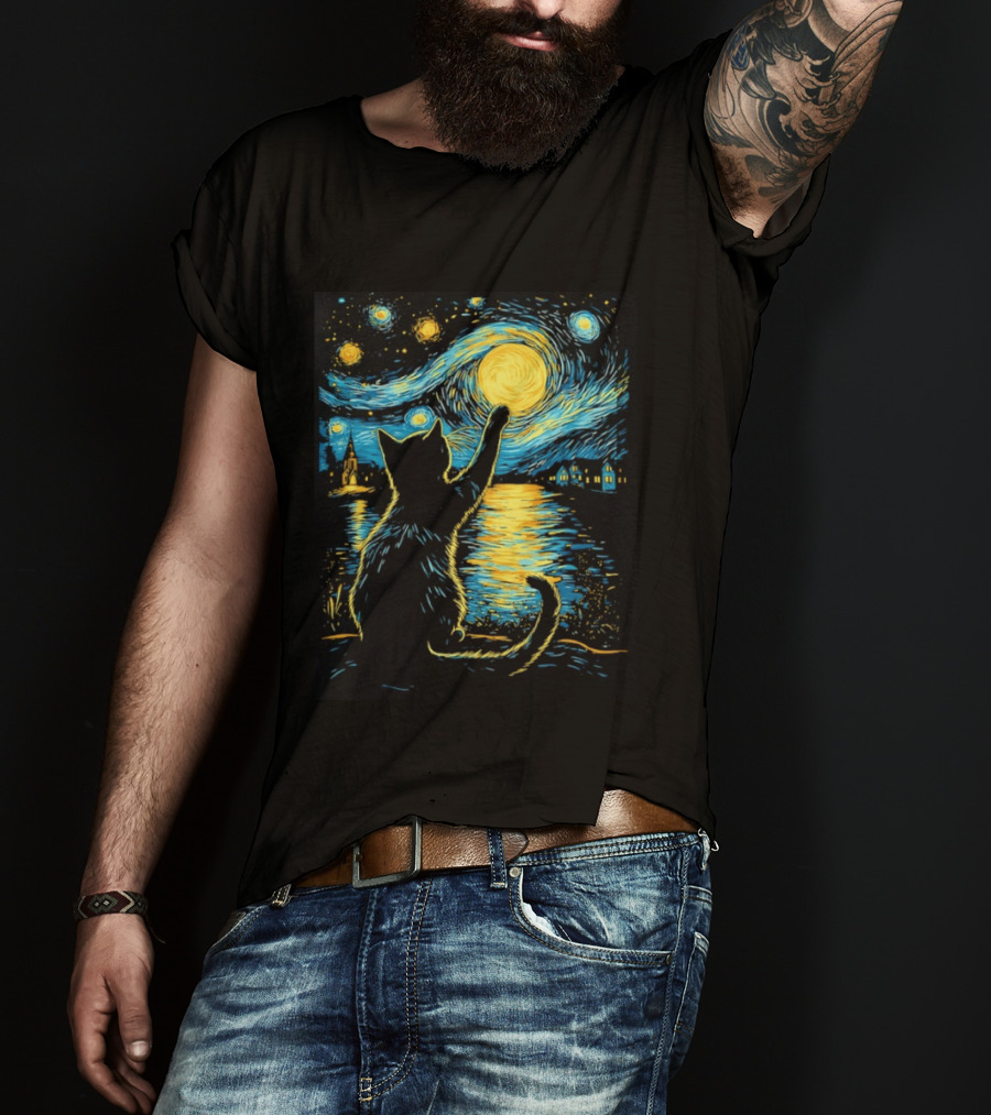 Cat Reaching For The Moon Starry Night Van Gogh Inspired Scene T-Shirt