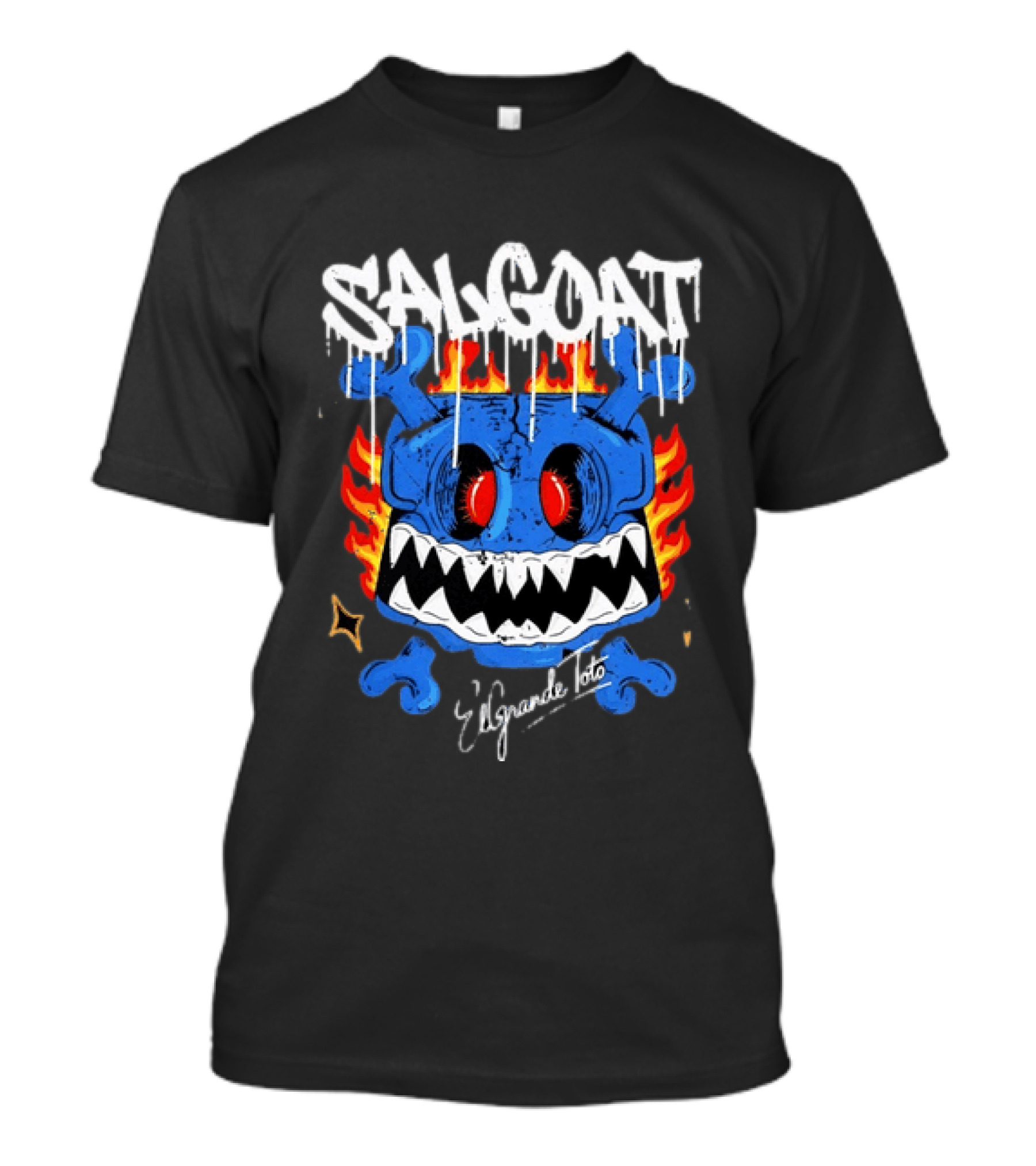 ElGrandeToto Salgoat Hip Hop Streetwear Blue Skull Flame T-Shirt