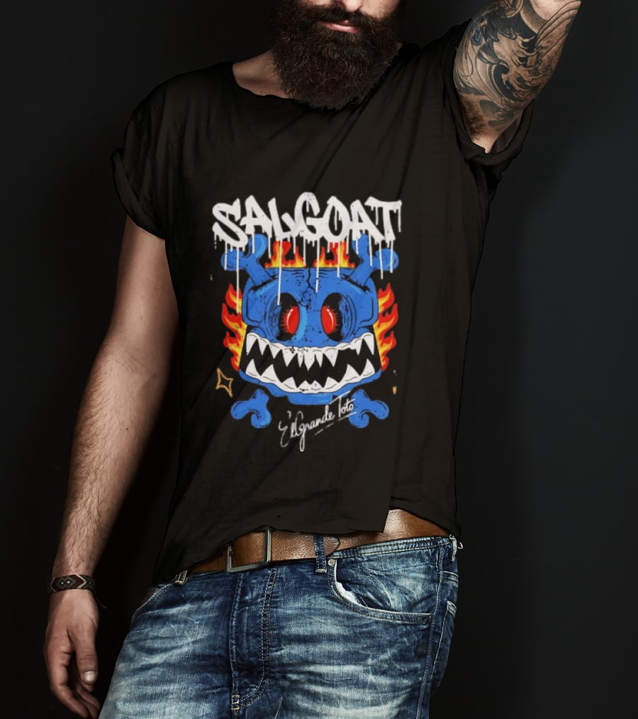 ElGrandeToto Salgoat Hip Hop Streetwear Blue Skull Flame T-Shirt