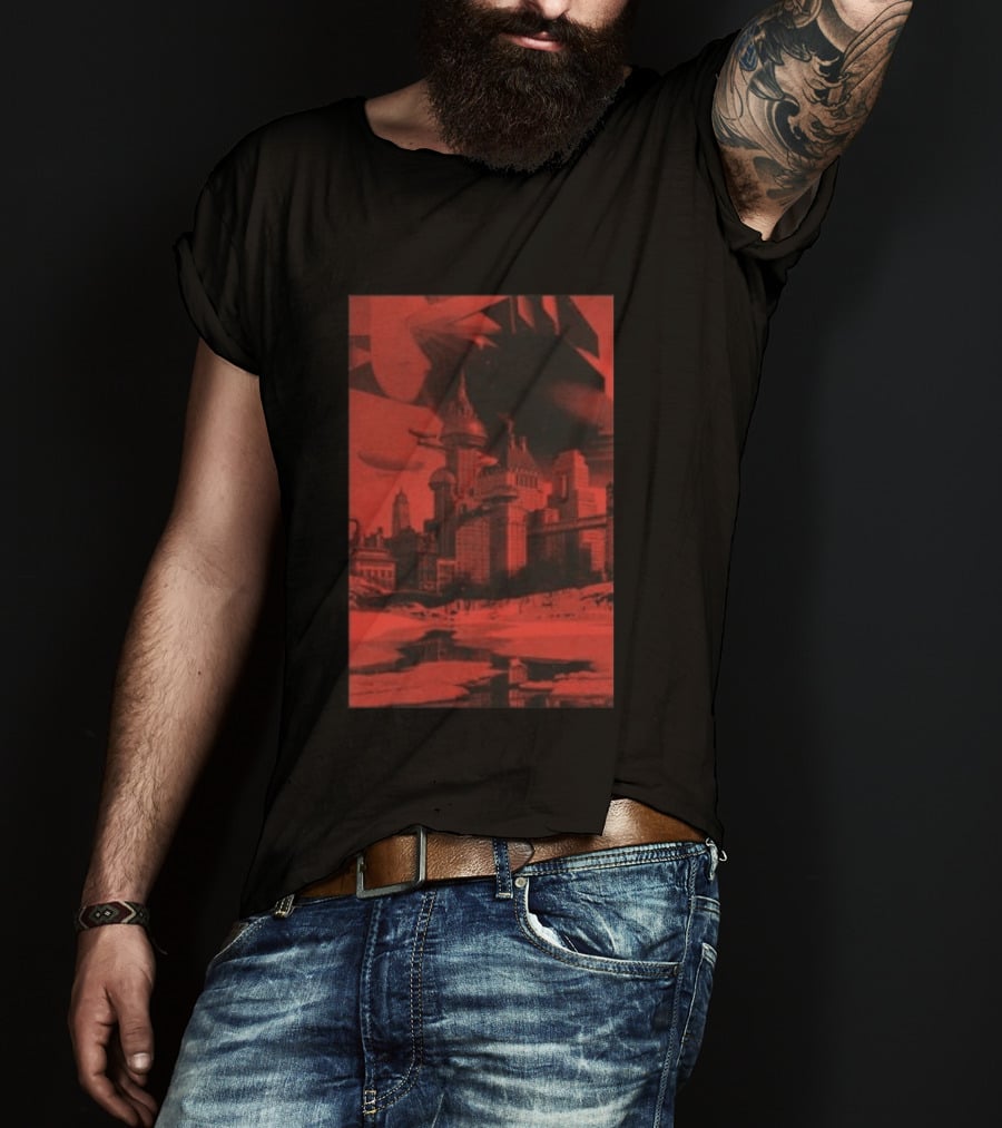 The Barbarians Of California Megatons Pull Retro Futuristic Cityscape Airships T-Shirt