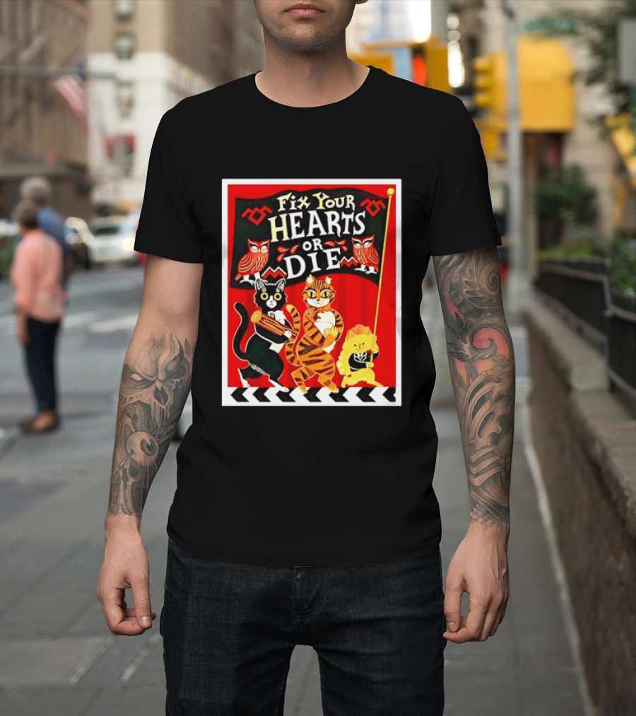 Twin Peaks Cats Fix Your Hearts Or Die David Lynch Owls Red Banner T-Shirt