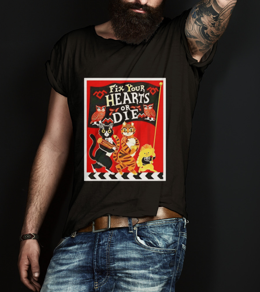 Twin Peaks Cats Fix Your Hearts Or Die David Lynch Owls Red Banner T-Shirt