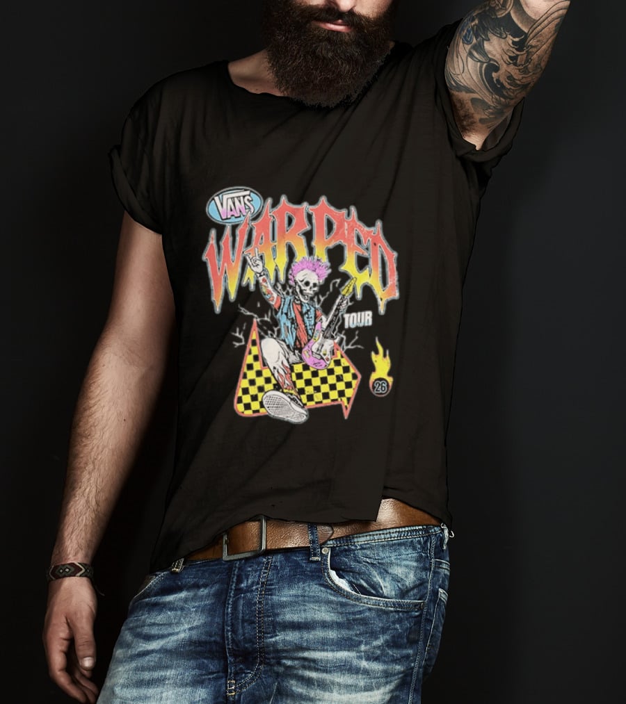Vans Warped Tour 2026 Punk Rock Skeleton Guitarist With Colorful Mohawk T-Shirt