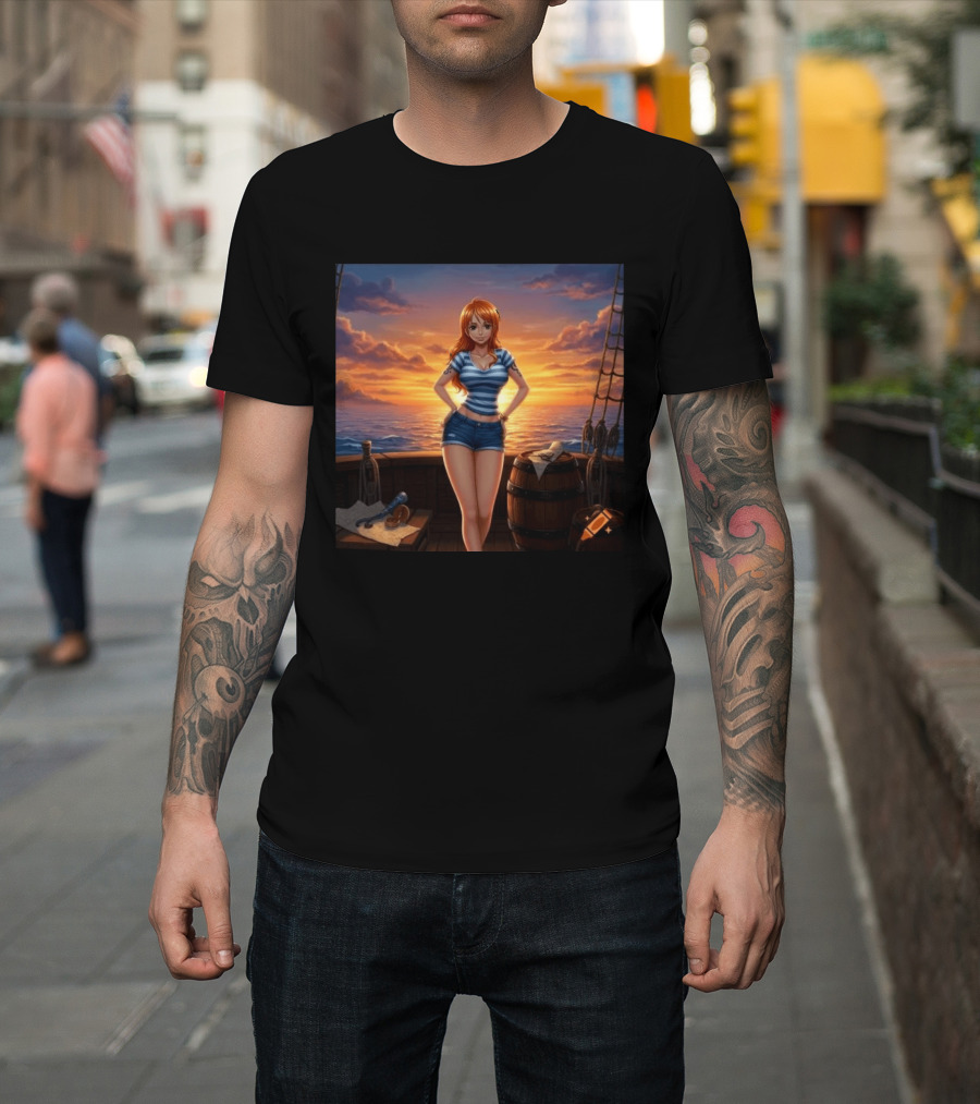 Nami One Piece Joyful Sunset Pirate Ship Ocean Scene T-Shirt