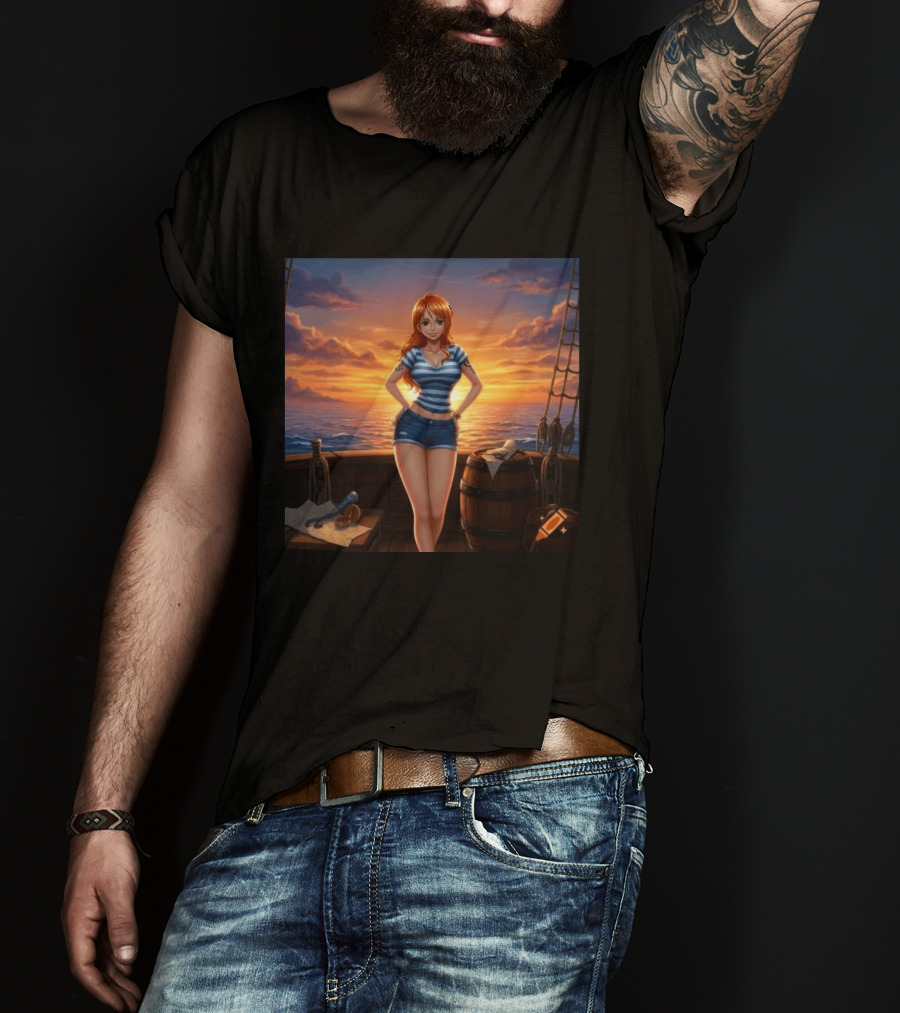 Nami One Piece Joyful Sunset Pirate Ship Ocean Scene T-Shirt