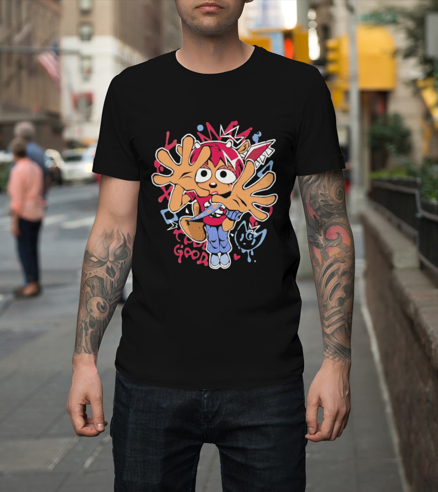 True Good Anime Distressed Graffiti Cartoon Character With Red Hair And Large Hands T-Shirt