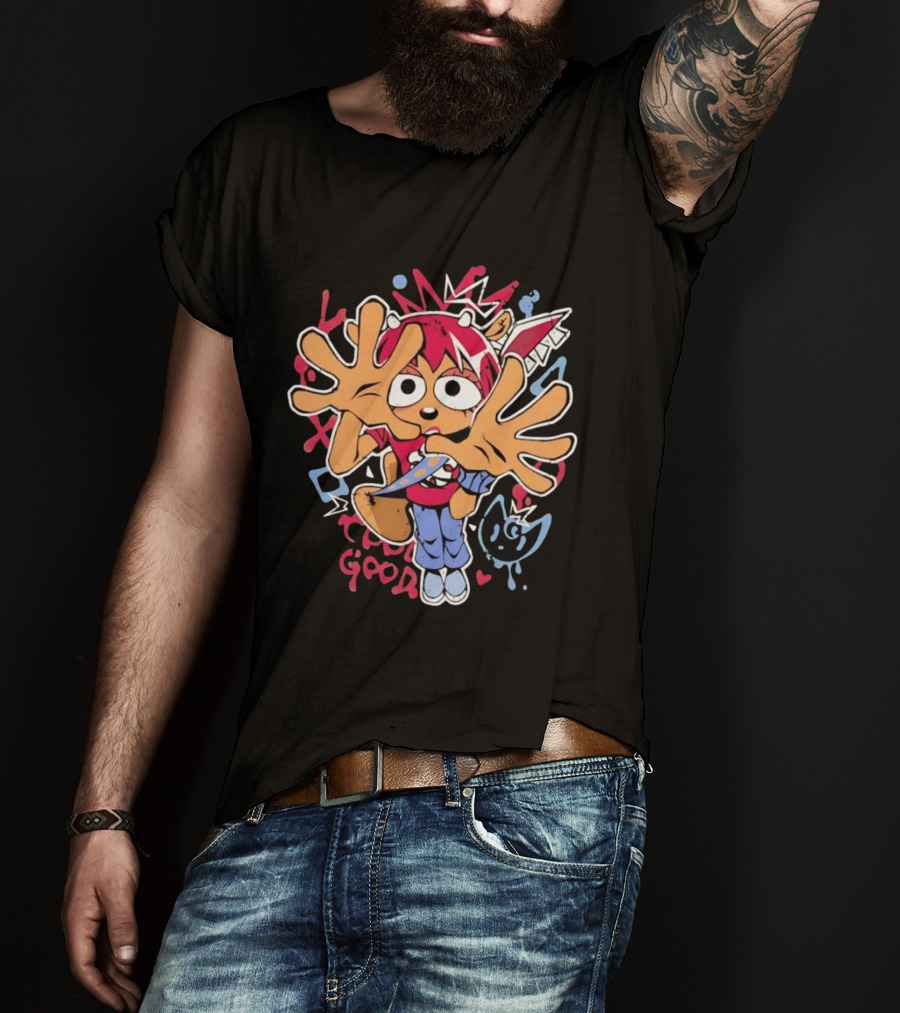 True Good Anime Distressed Graffiti Cartoon Character With Red Hair And Large Hands T-Shirt