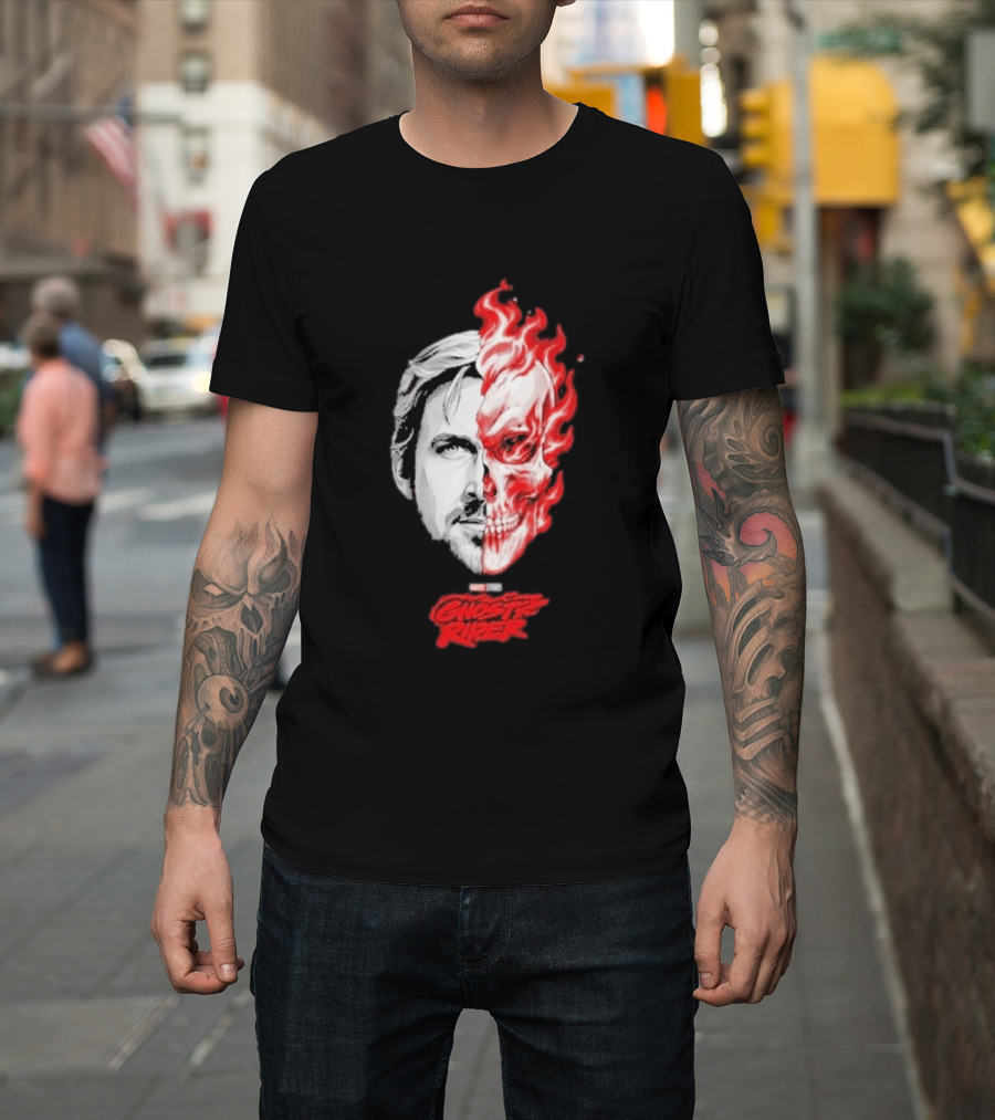 Ryan Gosling Ghost Rider 2028 Split Face Fiery Skull T-Shirt