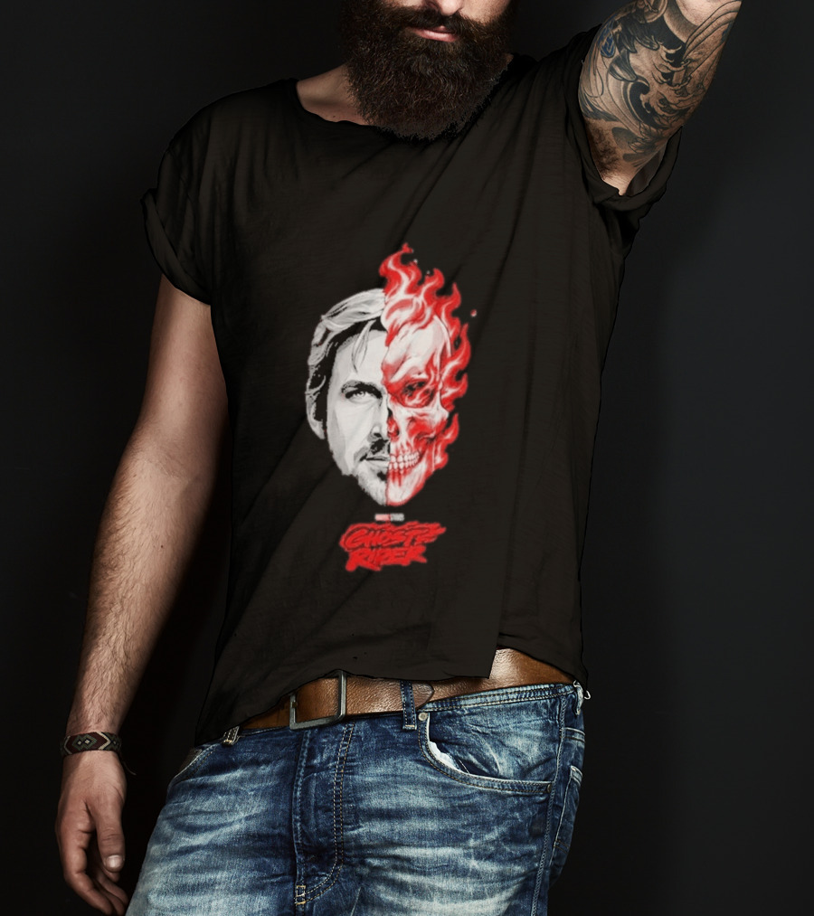 Ryan Gosling Ghost Rider 2028 Split Face Fiery Skull T-Shirt