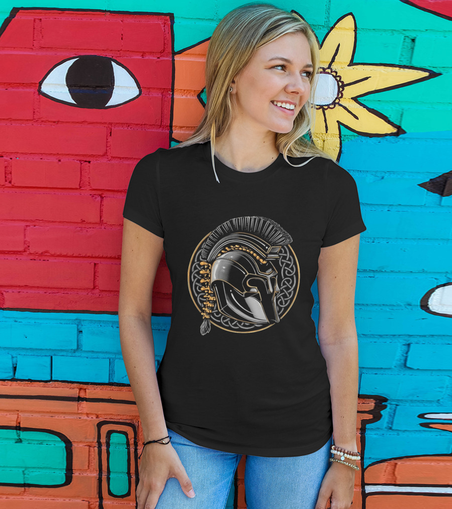 Spartan Helmet Celtic Knot Motif With Braided Spinal Column T-Shirt