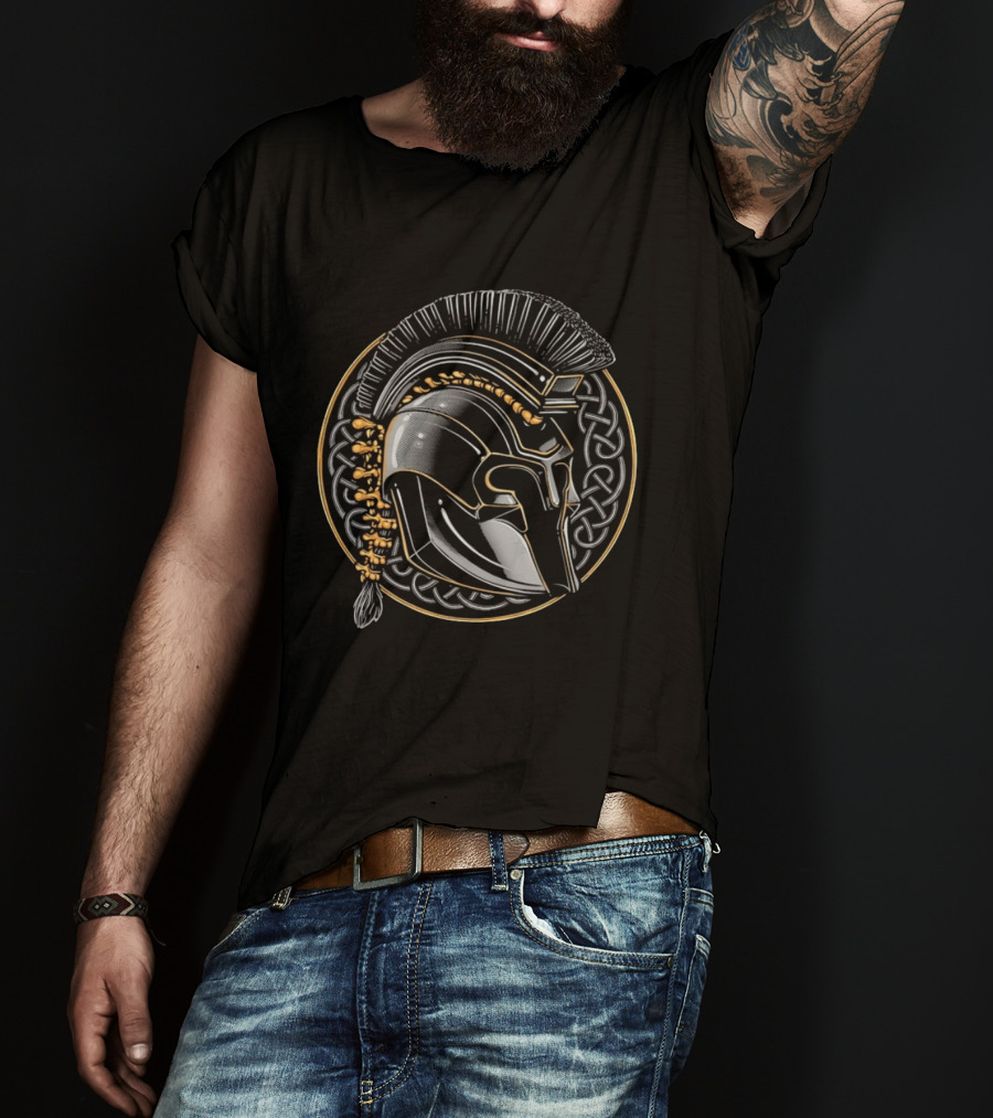 Spartan Helmet Celtic Knot Motif With Braided Spinal Column T-Shirt