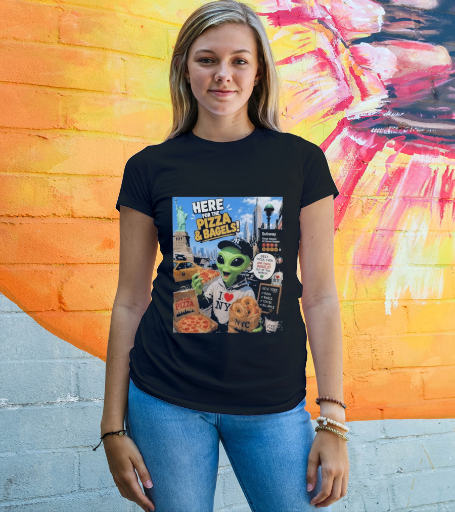 NYC Alien Loves Pizza And Bagels With Statue Of Liberty And Times Square Subway T-Shirt